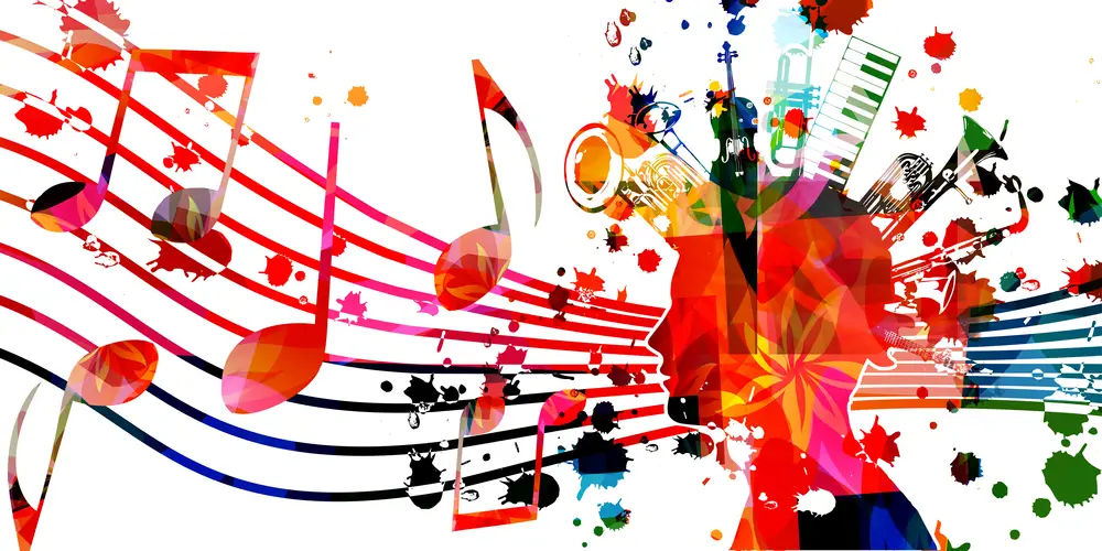 Colorful musical poster with notes and musical instruments vector illustration. Playful background for live concert events, music festivals and shows, party flyer 