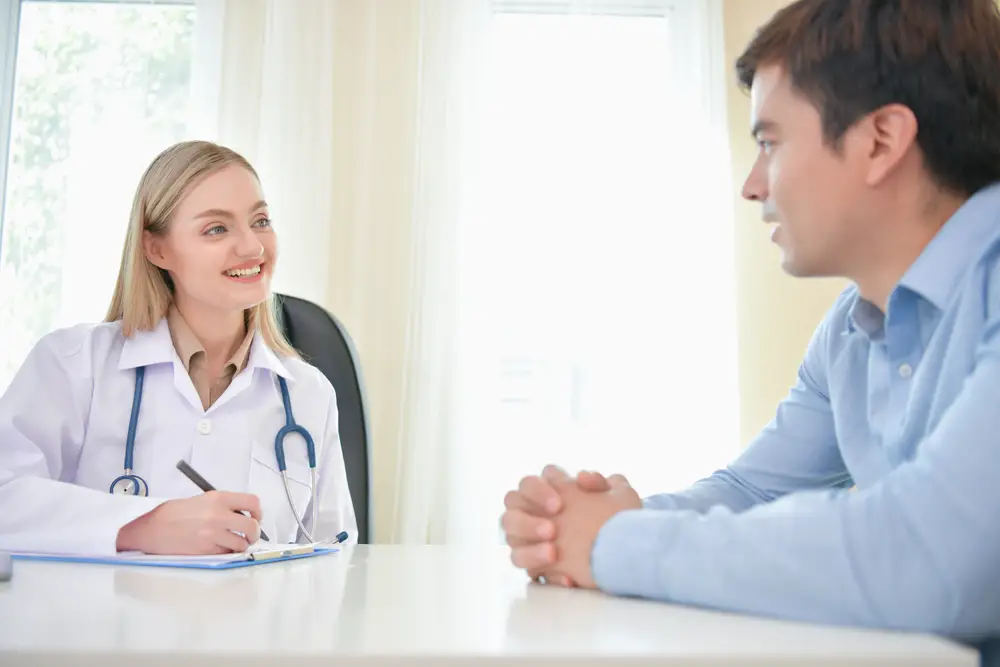 Health Concepts. The doctor is examining the patient's health. Patients are happy to come to the doctor. Medical examination results and Medical Consultation for Patients. The patient relaxes.