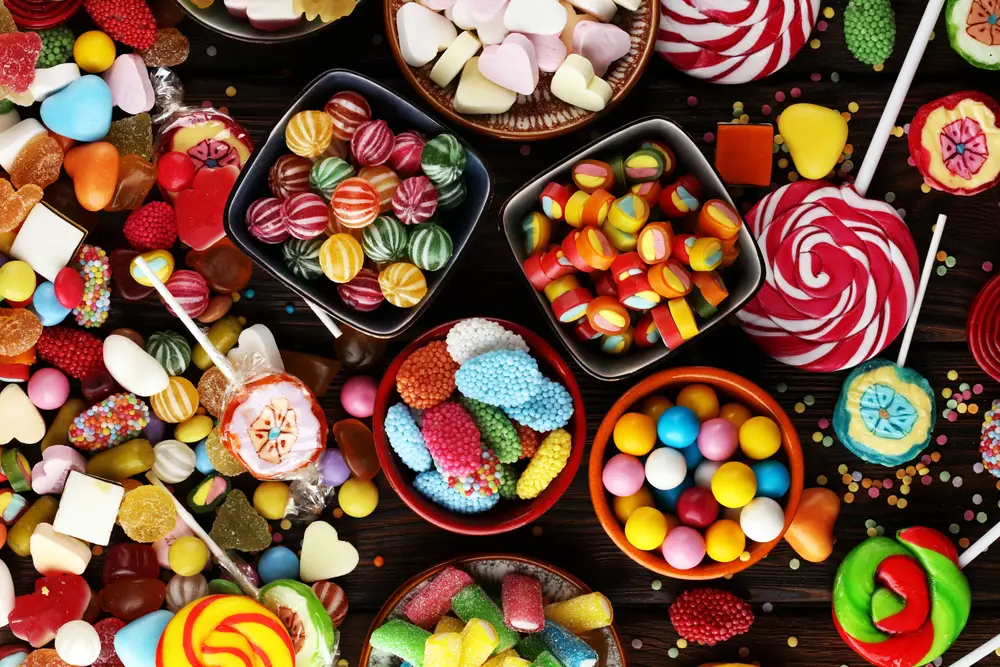 Candies with jelly and sugar. colorful array of different childs